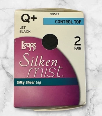 Meia-calça Leggs Silken Mist tamanho Q+ Jet Black 2 pares controle superior NOVO - Imagem 1 de 4