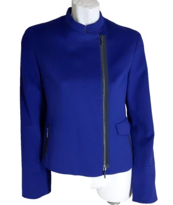 Jaqueta AKRIS PUNTO 4 US$ 1590 Moto Biker assimétrica zíper azul feltro suporte colarinho - Imagem 1 de 4