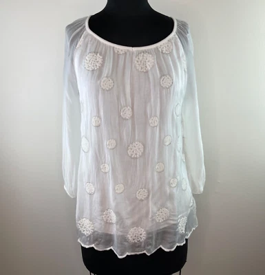 Blusa Top Exterior LOLA Hecha en Italia Lunares Textura Fluida Seda Lunares Blanco M Foto 1 de 4