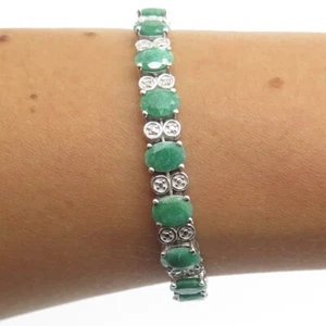DSMK 925 Sterling Silver Real Diamond Accent & Oval-Cut Emerald Bracelet 8" - Picture 1 of 6