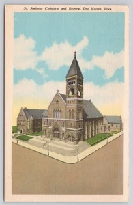 St. Ambrosius Kathedrale und Pfarrhaus Des Moines IA Iowa Postkarte 1948 - Bild 1 von 2
