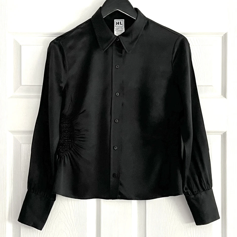 HERVE LEGER PARIS Negro Seda Botón Delantero Top Manga Larga Cintura Fruncida Talla 8 Foto 1 de 4