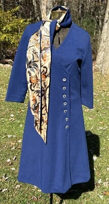 Vintage 1960's Betty Hartford Blue Shift Dress Sleeved w/ Buttons & Scarf Sz 12 - Image 1 of 4
