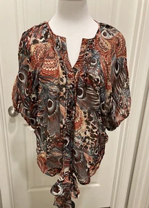 Cute Sheer Tie Bottom Jacket/Top Peacock Feathers Blues/Oranges Buffalo SZ SP - Picture 1 of 12