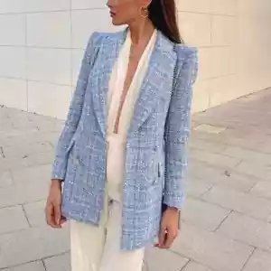 Zara Plaid Blazer Texture Tweed Weave Double Breasted Womens S Sky Blue White - Picture 1 of 12