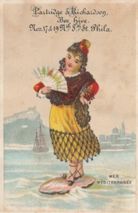 Tarjeta comercial victoriana perdiz Richardson Philadelphia dama española y ventilador 4,5x3 - Imagen 1 de 2
