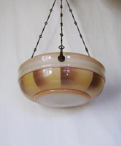 1930s Art Deco Brown Enamelled Glass Hanging Lampshade: Bronze Hooks & Chains Cover