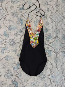 EUC S Caffe One Piece Black Heavily Beaded Glamour Swimsuit Low V Neck Open Back - Picture 1 of 6