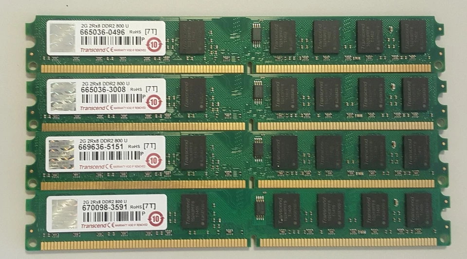 Kit 4x2GB (tot 8GB) RAM Transcend JM800QLU-2G 2Rx8 DDR2 800MHz PC2-6400 Testate  - Immagine 1 di 1