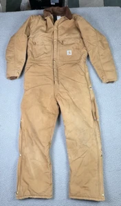 VTG Carhartt Coveralls 44 Regular R68QZR Tan Quilted Lining Hood Union Workwear - Picture 1 of 24
