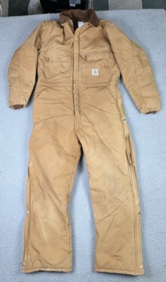 VTG Carhartt Coveralls 44 Regular R68QZR Tan Quilted Lining Hood Union Workwear - Image 1 of 4