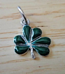 Sterling Silver 16x13mm Green Enamel Shamrock Irish Clover Charm - Picture 1 of 3