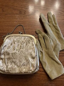 Vintage 1960er Jahre Brokat Handtasche Clutch Vinyl Abdeckung Blumenmuster JR Miami mit Handschuhen Goldton - Bild 1 von 14