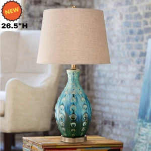 Mid Century Modern Table Lamp Ceramic Blue Teal Peacock Themed Living Room Decor - Picture 1 of 7