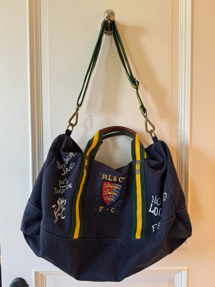 Polo Ralph Lauren Navy Green Yellow Straps Duffle Bag Preppy Patches Collegiate - Image 1 of 4