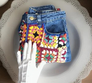 Farm Rio Jeans Women Small Blue Patchwork Crochet Artsy Boho Festival Colorful - Picture 1 of 8
