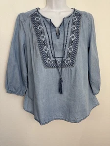 Top vintage America Peasant para mujer L azul cambray bordado boho manga 3/4 - Imagen 1 de 7