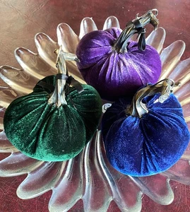 Trio of Velvet Pumpkins Halloween Thanksgiving Decor Blue Green Purple 6.5”x3.5” - Picture 1 of 7