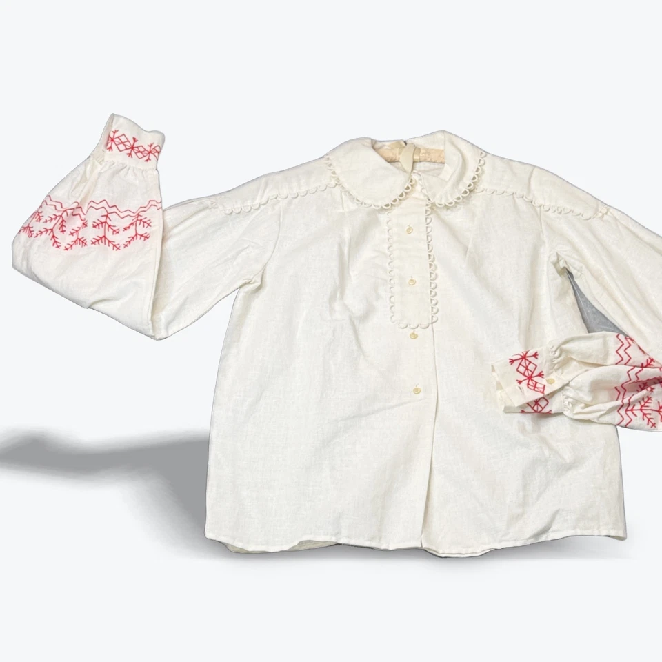 Blusa folclórica lituana vintage roja mangas bordadas cuello Peter Pan Foto 1 de 4