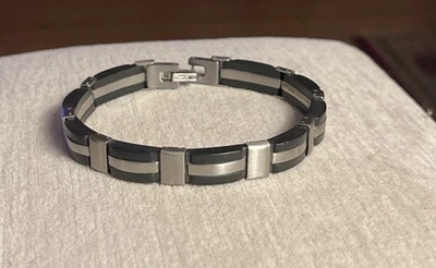 "Pulsera industrial de motociclista de eslabones con bisagras de acero inoxidable y goma negra para hombre 8""" Foto 1 de 4