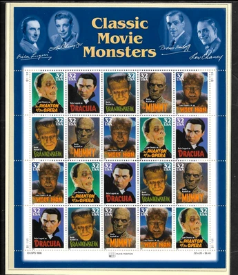HOLLYWOOD CLASSIC FILMS 1997 US #3168-3172 MOVIE MONSTERS 32c MVF STAMP SHEET - Image 1 of 2