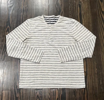 Club Monaco Henley Shirt Men’s Large Gray White Stripes Cotton  - Image 1 of 4
