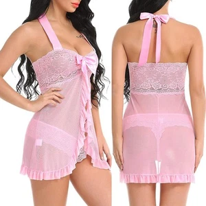 Pink Women Sexy-Lingerie Lace Halter Backless Sleepwear Chemise Babydoll Size-M - Picture 1 of 4