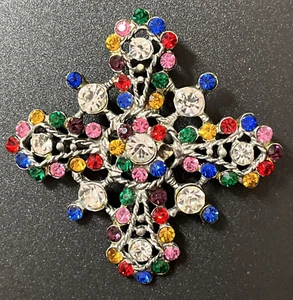 Vintage Runway Multicolor Rhinestone Maltese Cross Star Flower Brooch Pin - Picture 1 of 8