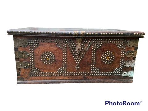 19th Century Teak Brass Studded Zanzibar Chest Antique Shirazi Omani Dowry Trunk Cover