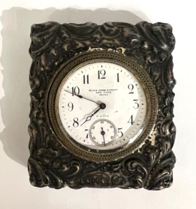 VINTAGE BLACK STARR &FROST 8 DAY STERLING SILVER ORNATE MINI TABLE CLOCK WORKING - Picture 1 of 6