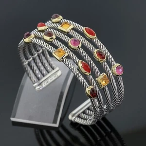 Bracciale D.Yurman Confetti Cavo 5 File Multi-Pietra Preziosa Argento 925 Oro Giallo 18K - Foto 1 di 6