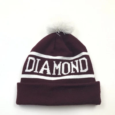 Diamond Beanie Hat Cap Red Pom Knit Stretch Embroidered Pompom Adult Casual Mens - Imagem 1 de 4