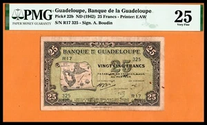 Guadeloupe VF Note 25 Francs ND (1942) P-22b PMG 25 Very Fine, Sig. A. Boudin. - Picture 1 of 4