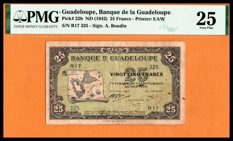 Guadeloupe VF Note 25 Francs ND (1942) P-22b PMG 25 Very Fine, Sig. A. Boudin. - Image 1 of 4