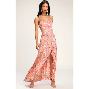 Lulus Floral Maxi Dress Pink Slit Spaghetti Strap Summer Dress L - Picture 1 of 10