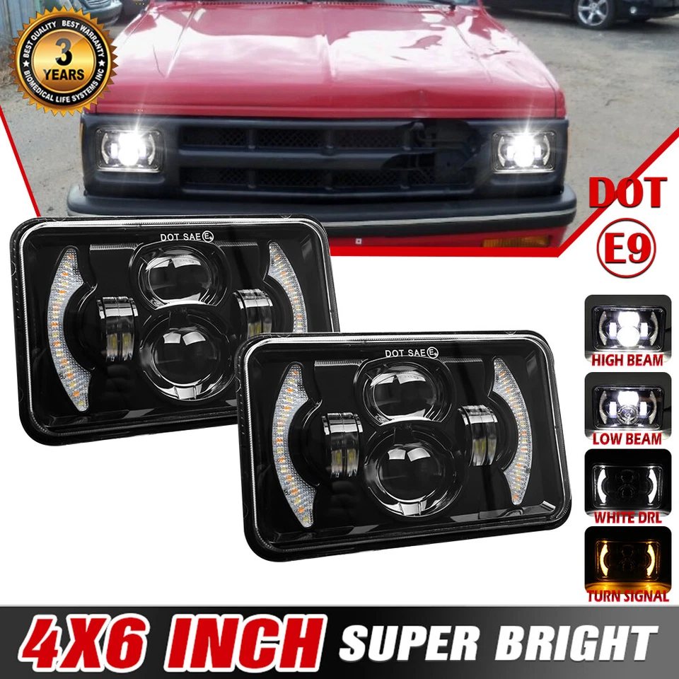 2PC Black 4x6 LED Headlights Hi Lo Beam For Chevy S10 Blazer 1994 1995 1996 1997 - Image 1 of 4