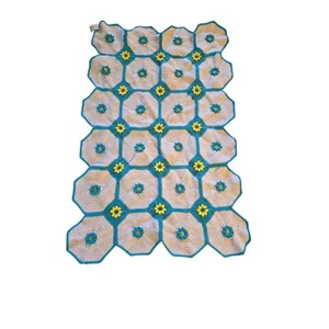 Handmade Crochet Blanket With Floral Hexagon Pattern White/Blue/Yellow 1971 - Picture 1 of 2