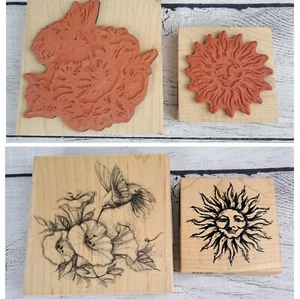 2 Rubber Stamps Sun Celestial Face & Inkadinkado Hummingbird Flower Never Used  - Picture 1 of 12