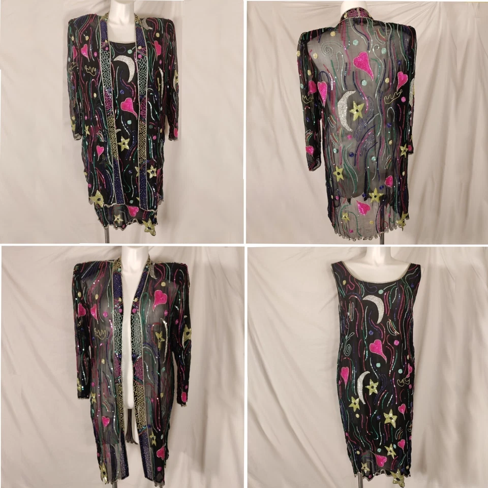 Judith Ann Plus 1X Sequin Beaded Multicolor Sheer Duster and Dress Set Vtg - Image 1 of 4