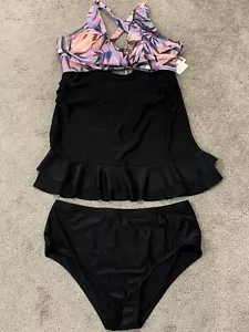 JASAMBAC Halter 2pcs Swimsuit Women’s XL Black Floral Built In Bra Ruffle Cute - Picture 1 of 19
