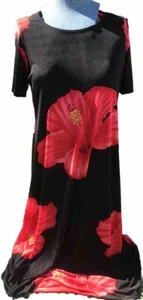 Vtg J J Fashion Hawaii Women’s L Stretchy Knit Dress Tiki Black Red Floral Luau - Picture 1 of 24