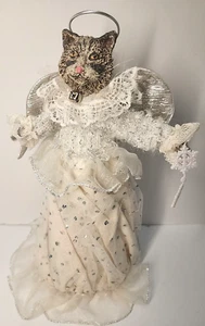 10.5" Cat Angel Tree Topper Resin Head Silver Wings CJF Christmas Decoration - Picture 1 of 12