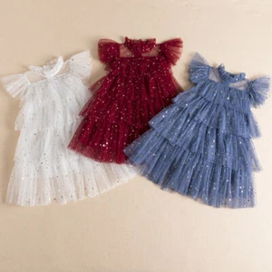 New Baby Girls Sequin Star gauze Dress Princess Wedding Tiered Party Clothes - Picture 1 of 14