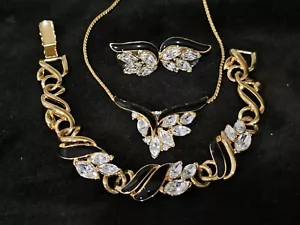 Trifari Vintage Set Black Enamel Marquise Rhinestone Necklace Bracelet Earrings - Picture 1 of 14