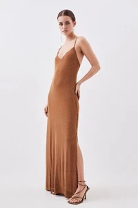 Karen Millen Petite Jersey Hotfix Sleeveless Maxi Dress Size Medium Gold Womens - Picture 1 of 4