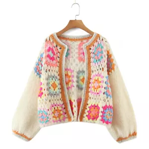 Mujeres Crochet Cuadrado Hecho a Mano Tejido Cuello en V Suéteres Cortos Retro Abrigos Cárdigan - Imagen 1 de 14