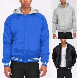 Mens Satin Hooded Varsity Bomber Jacket Casual Letterman Snap Waterproof Jacket - Picture 1 of 21