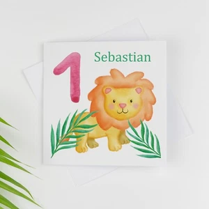 Tarjeta de primer cumpleaños personalizada hecha a mano acuarela león para niños para él/ella - Imagen 1 de 4