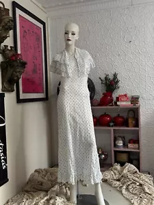 1930s Polka Dot Gown-White Blue-Ruffle-Romantic-Handmade-Sundress-Capelet-S/M - Picture 1 of 24