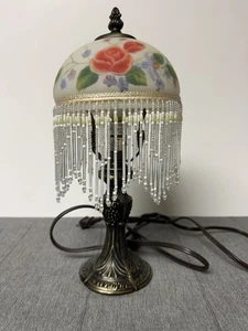 Victorian Style 13” Boudoir Table Top Lamp Frosted Glass Roses Beaded Fringe - Picture 1 of 7